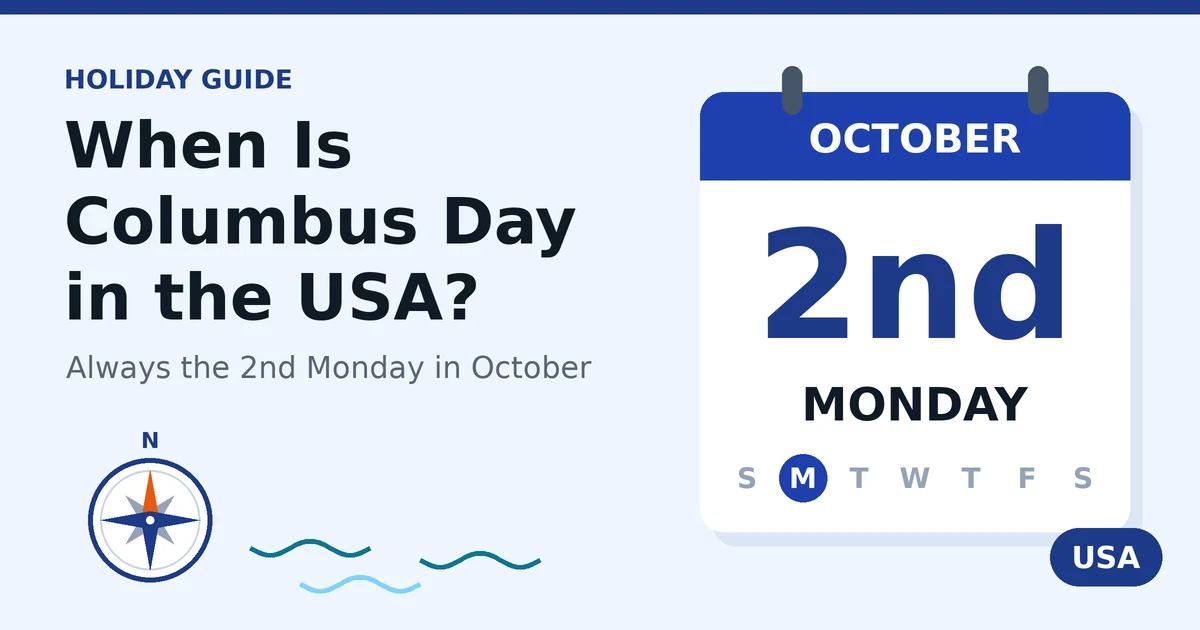 Calendar card showing the second Monday in October, the date rule for Columbus Day in the USA