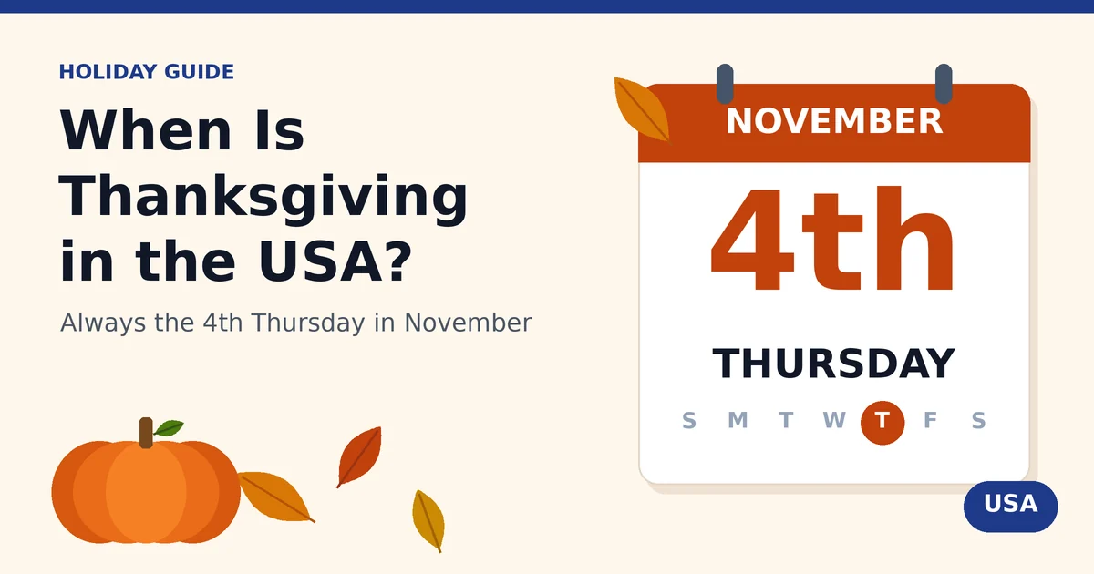 Calendar page marking Thanksgiving on the fourth Thursday in November, with autumn leaves
