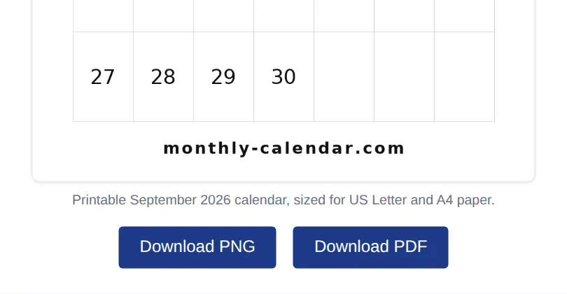 Download PDF and Download PNG buttons under a monthly calendar
