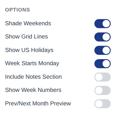 Week Starts Monday switch in the custom calendar maker