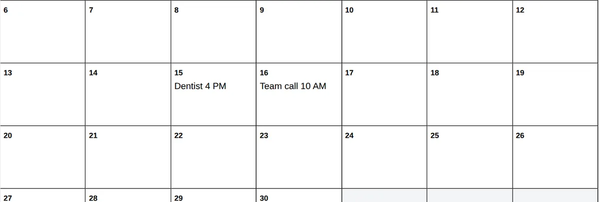 A note typed inside a day box on the monthly calendar