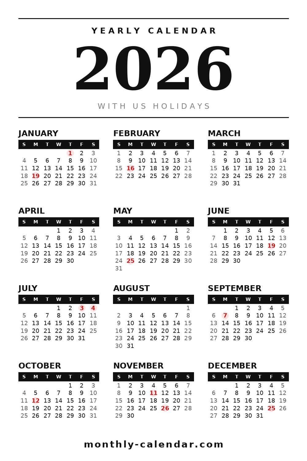 Printable 2026 calendar with all 12 months and US federal holidays in red