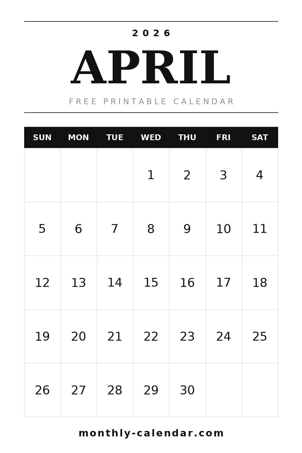 April 2026 printable calendar, portrait layout with weeks starting on Sunday