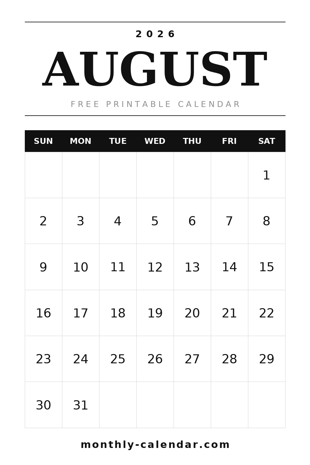 August 2026 printable calendar, portrait layout with weeks starting on Sunday