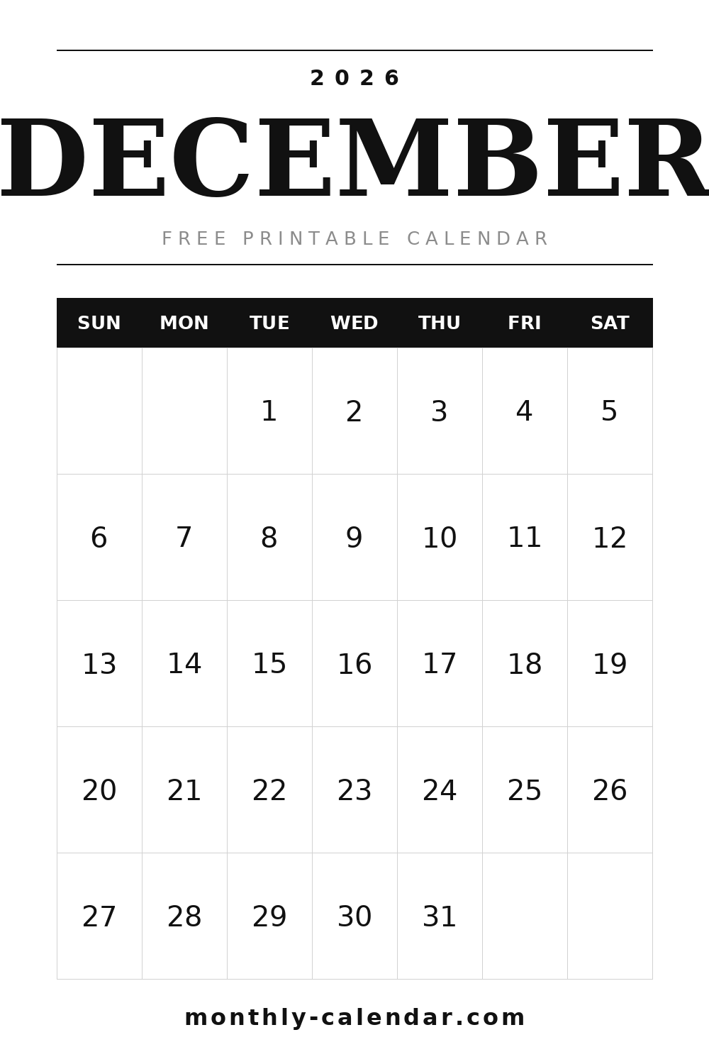 December 2026 printable calendar, portrait layout with weeks starting on Sunday