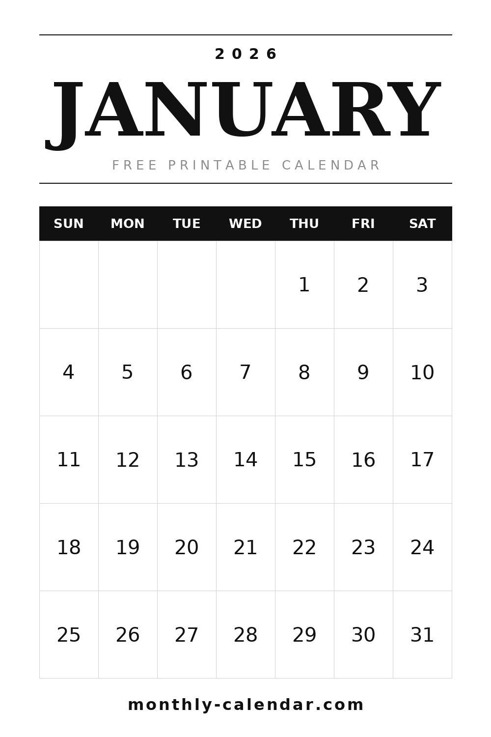 January 2026 printable calendar, portrait layout with weeks starting on Sunday