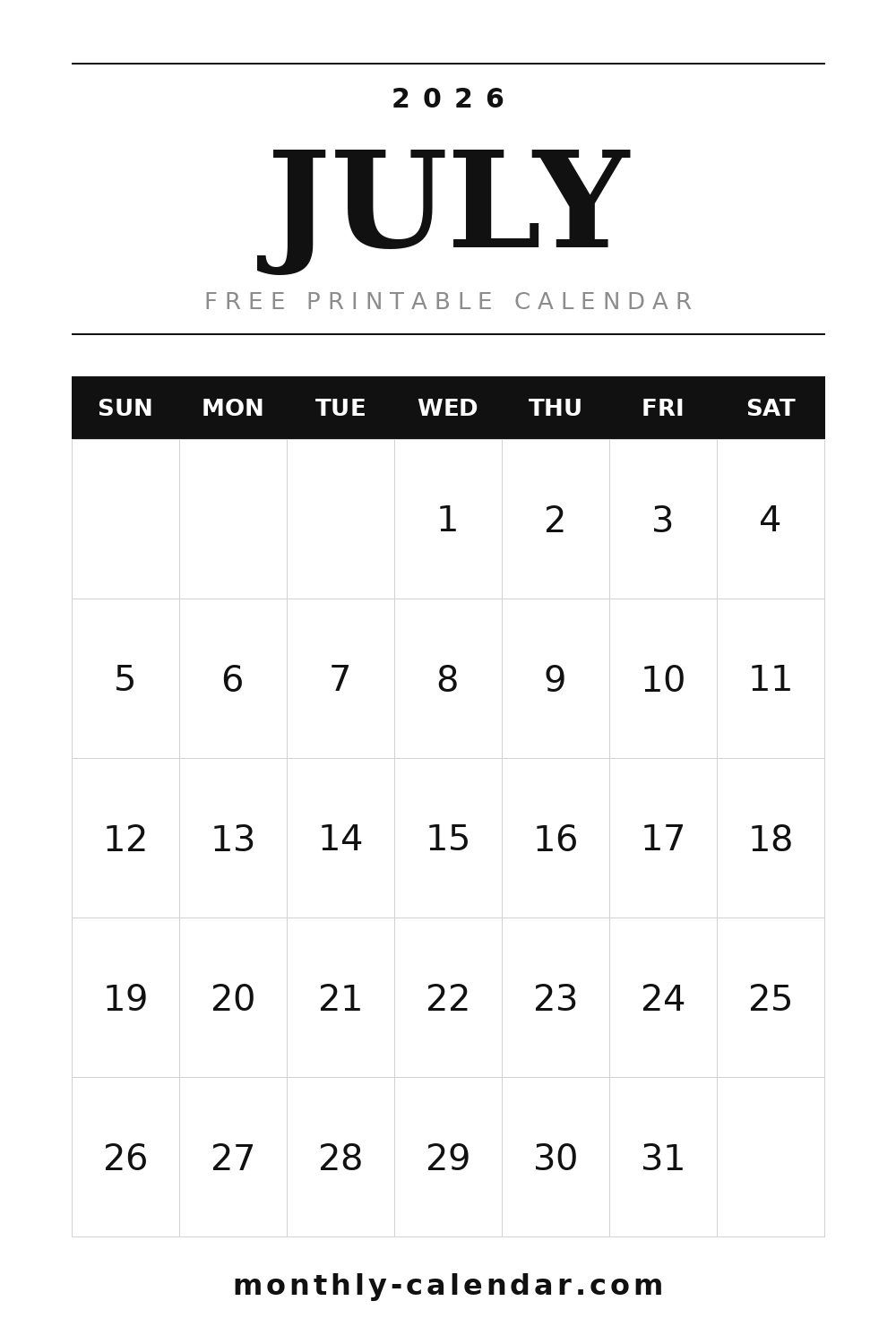 July 2026 printable calendar, portrait layout with weeks starting on Sunday