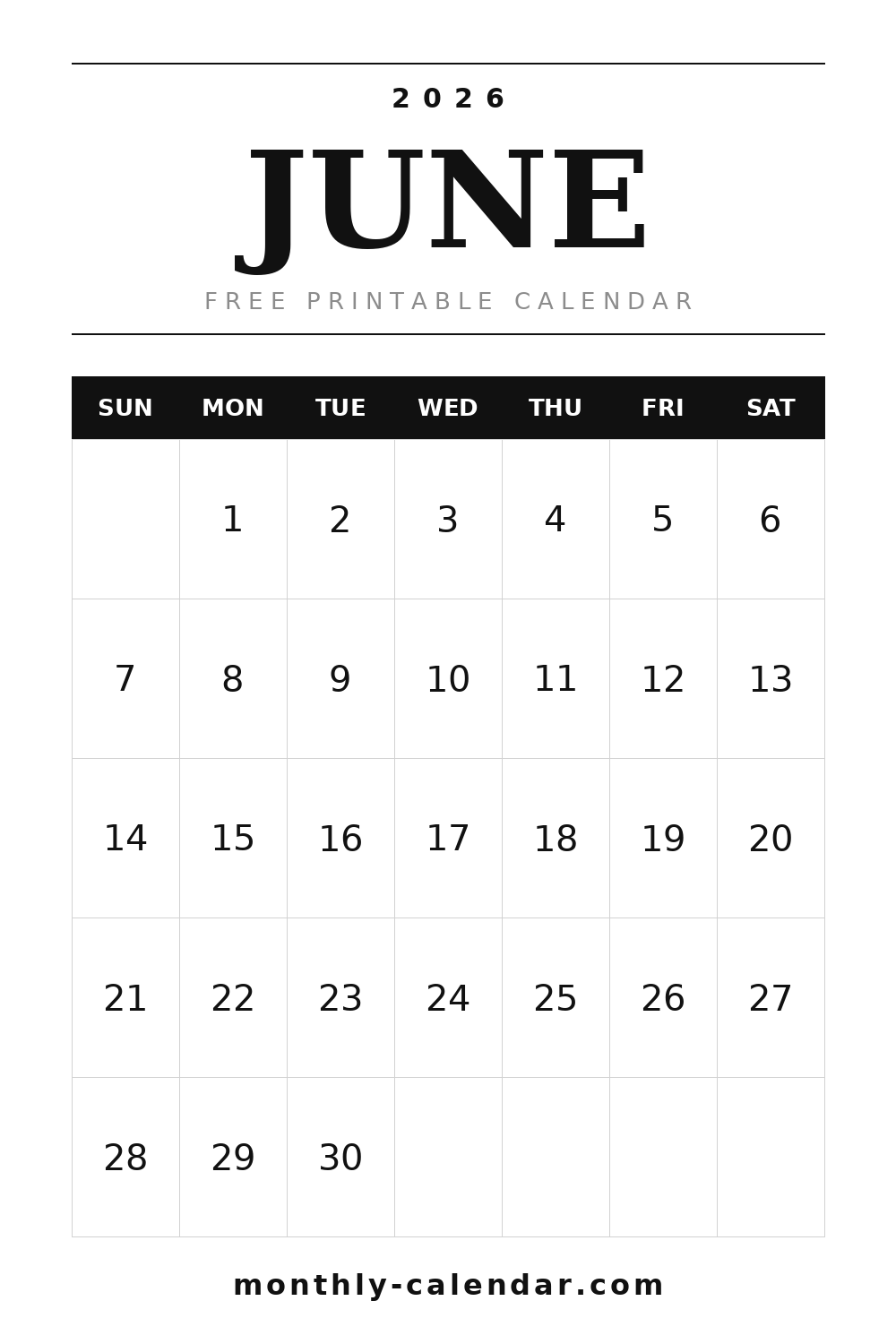 June 2026 printable calendar, portrait layout with weeks starting on Sunday