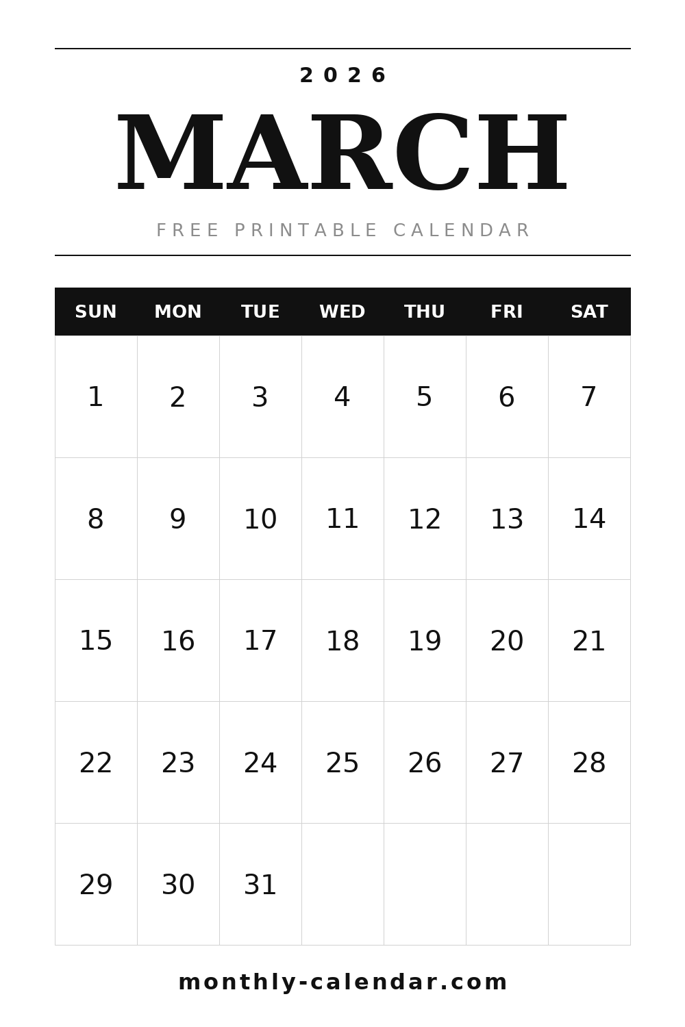 March 2026 printable calendar, portrait layout with weeks starting on Sunday