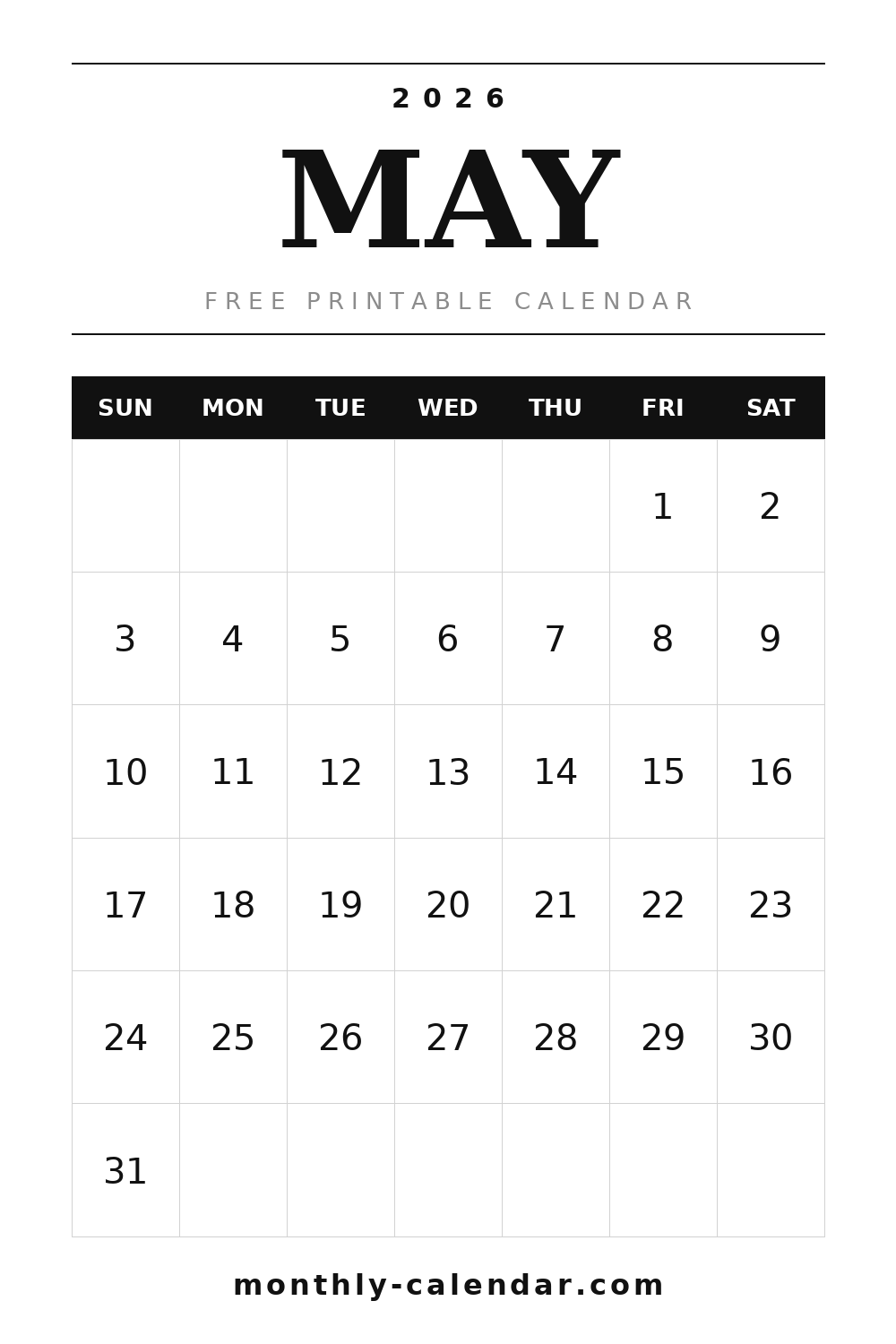 May 2026 printable calendar, portrait layout with weeks starting on Sunday