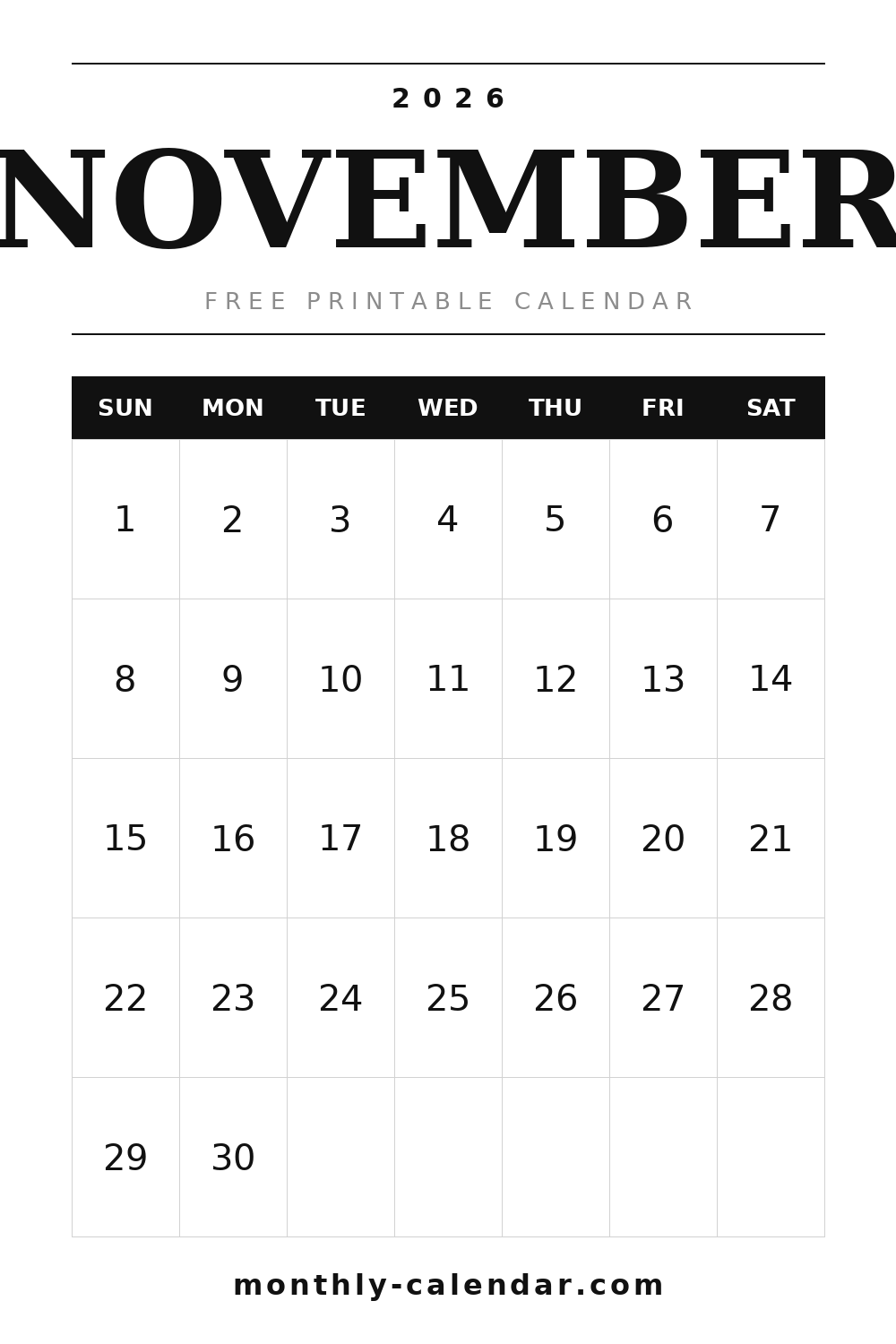 November 2026 printable calendar, portrait layout with weeks starting on Sunday