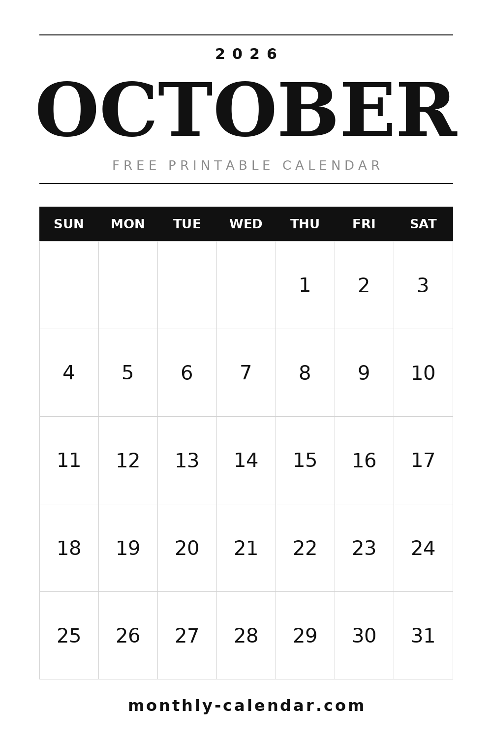 October 2026 printable calendar, portrait layout with weeks starting on Sunday