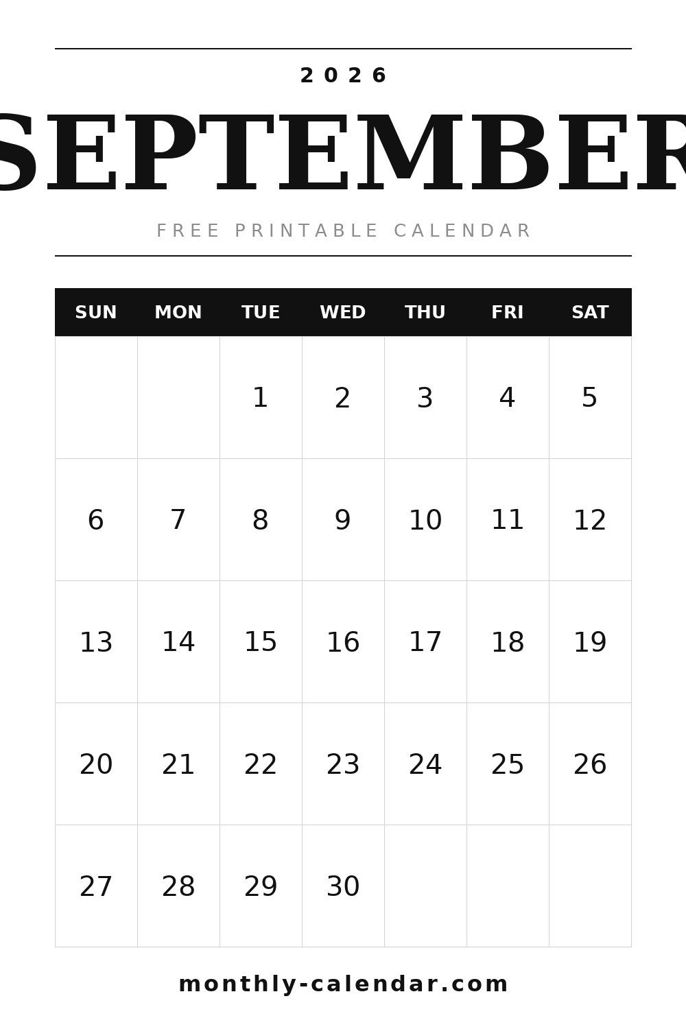 September 2026 printable calendar, portrait layout with weeks starting on Sunday