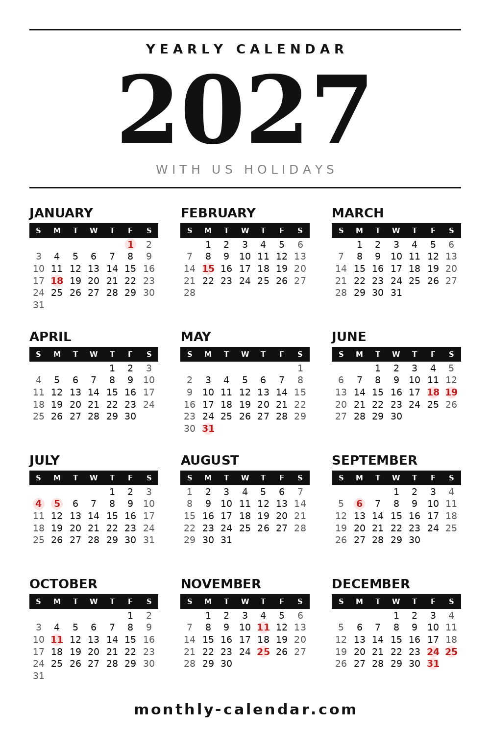 Printable 2027 calendar with all 12 months and US federal holidays in red