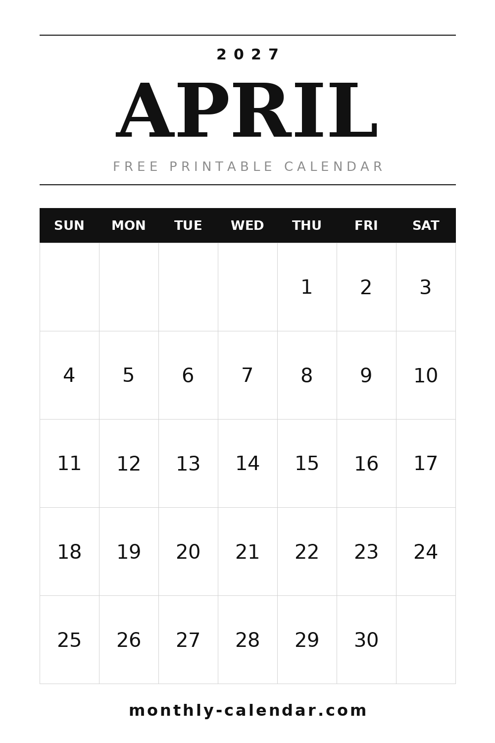 April 2027 printable calendar, portrait layout with weeks starting on Sunday