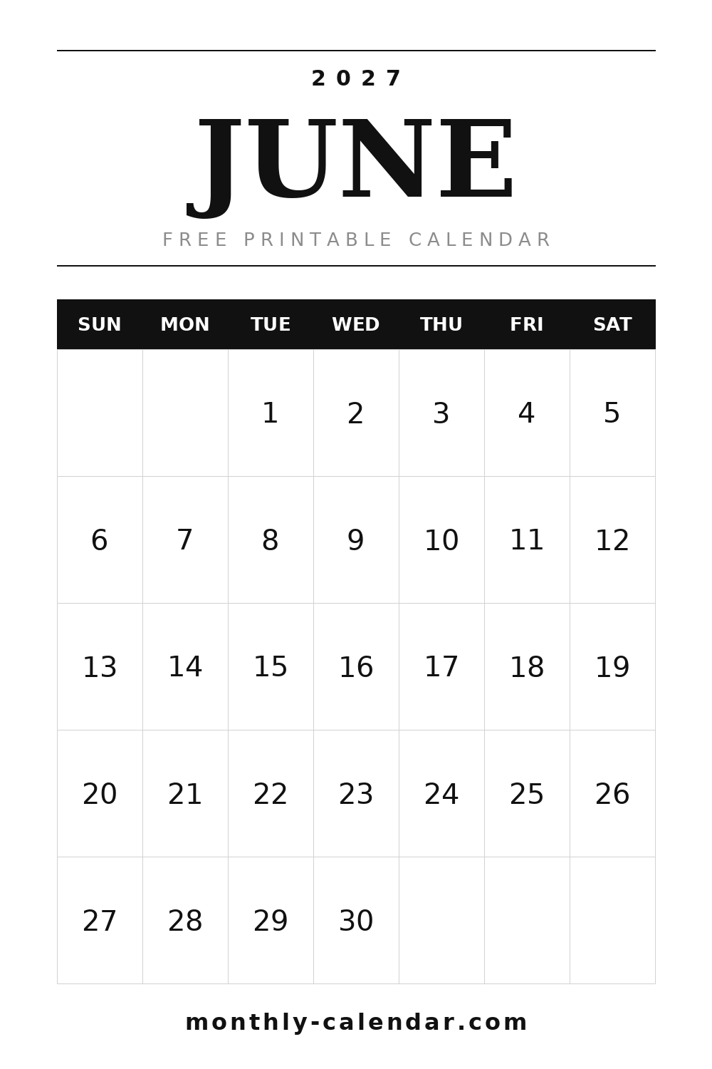 June 2027 printable calendar, portrait layout with weeks starting on Sunday