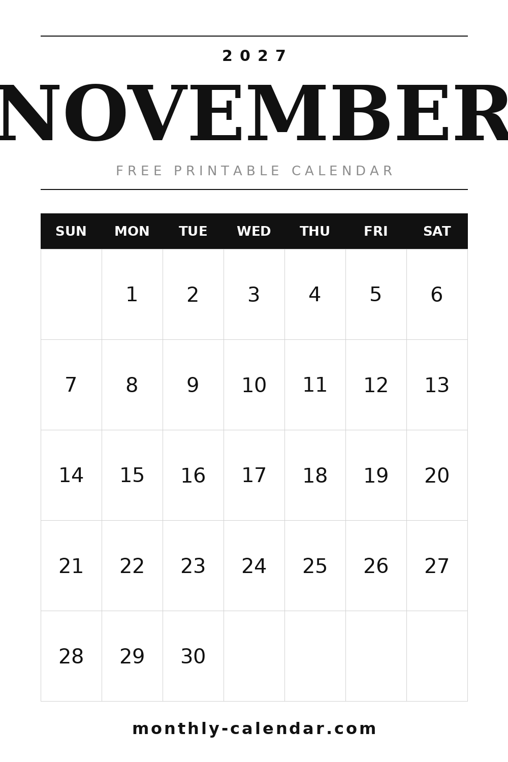 November 2027 printable calendar, portrait layout with weeks starting on Sunday