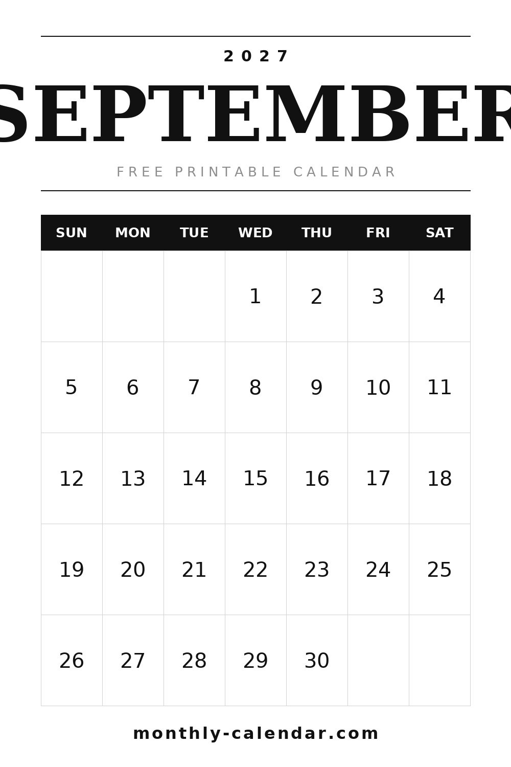 September 2027 printable calendar, portrait layout with weeks starting on Sunday