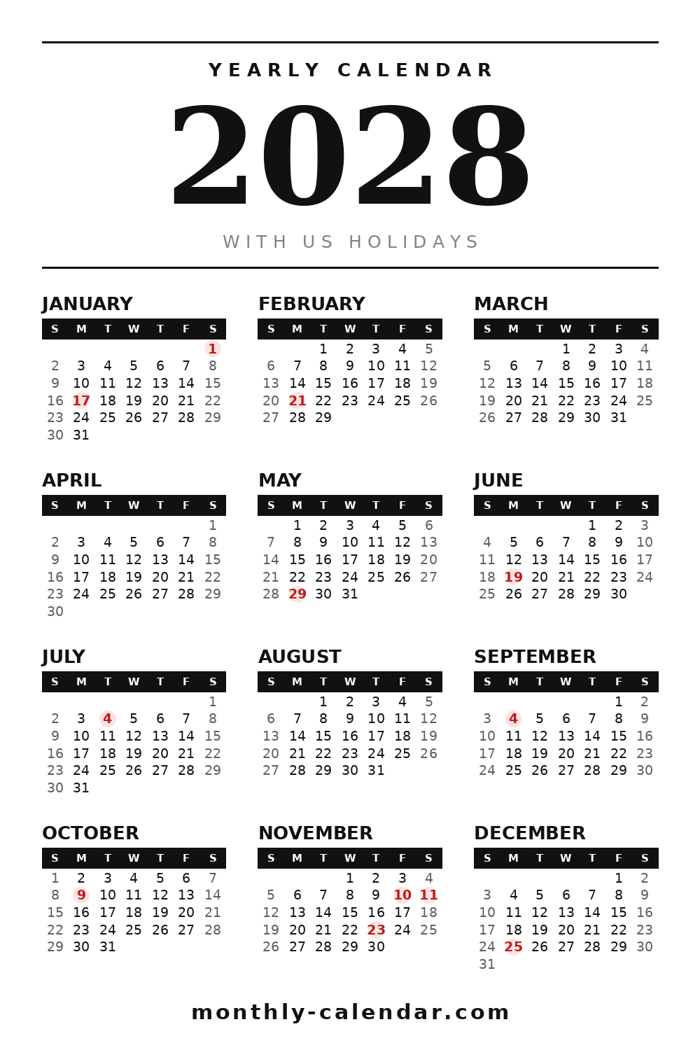 Printable 2028 calendar with all 12 months and US federal holidays in red
