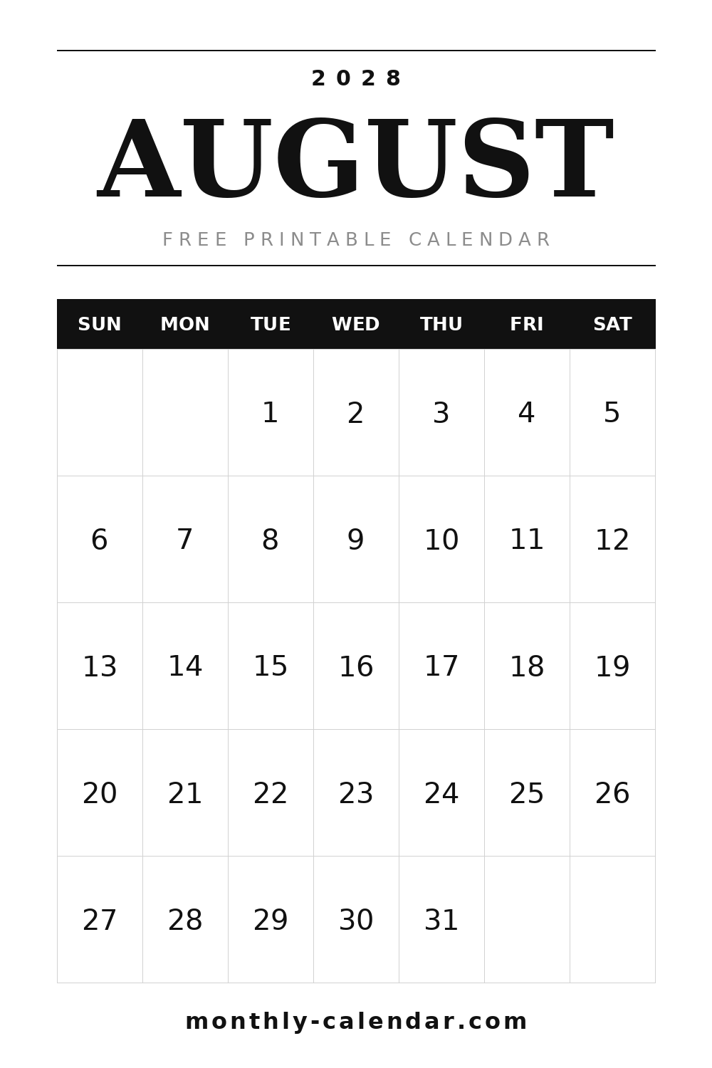 August 2028 printable calendar, portrait layout with weeks starting on Sunday