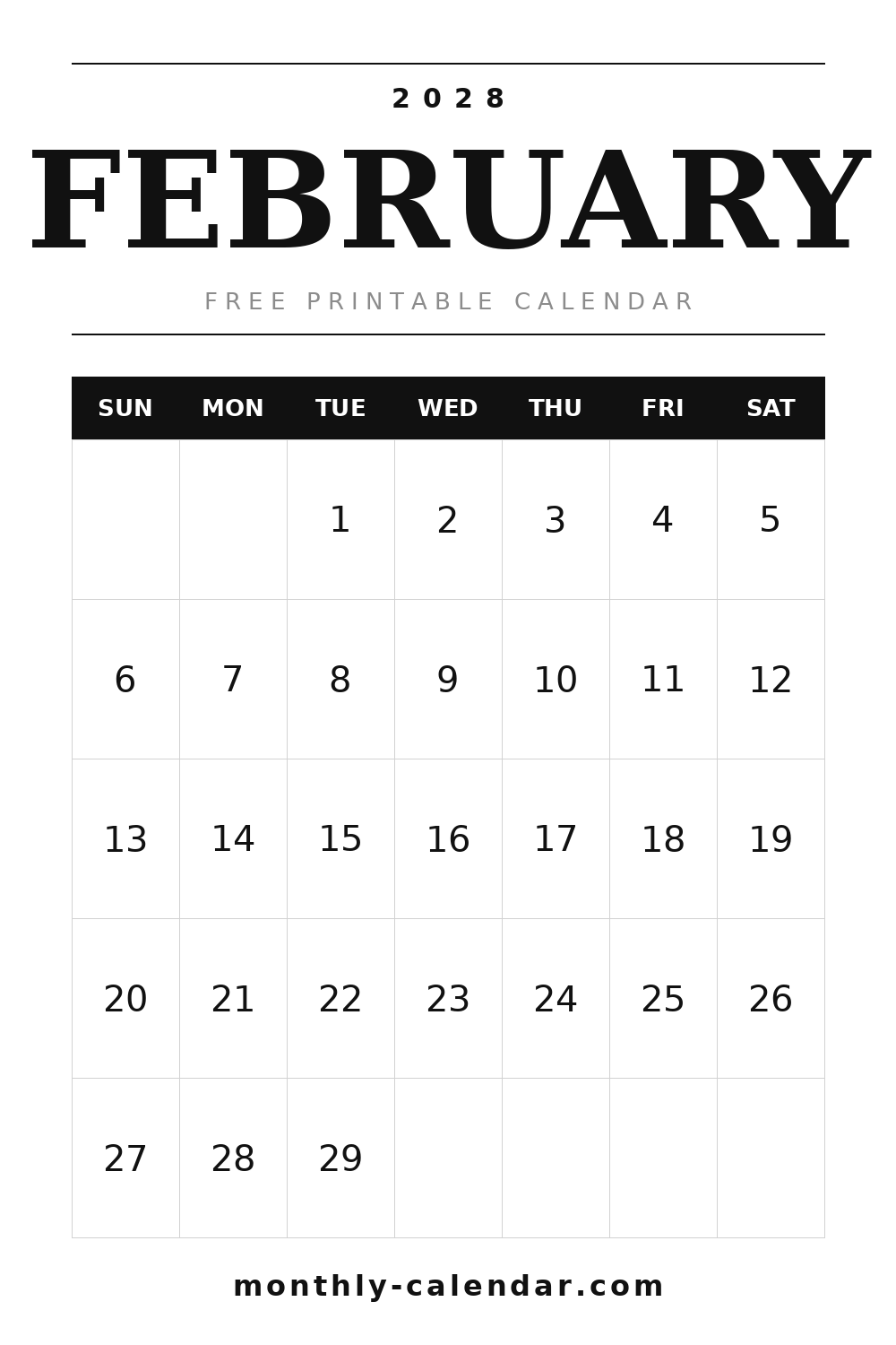 February 2028 printable calendar, portrait layout with weeks starting on Sunday