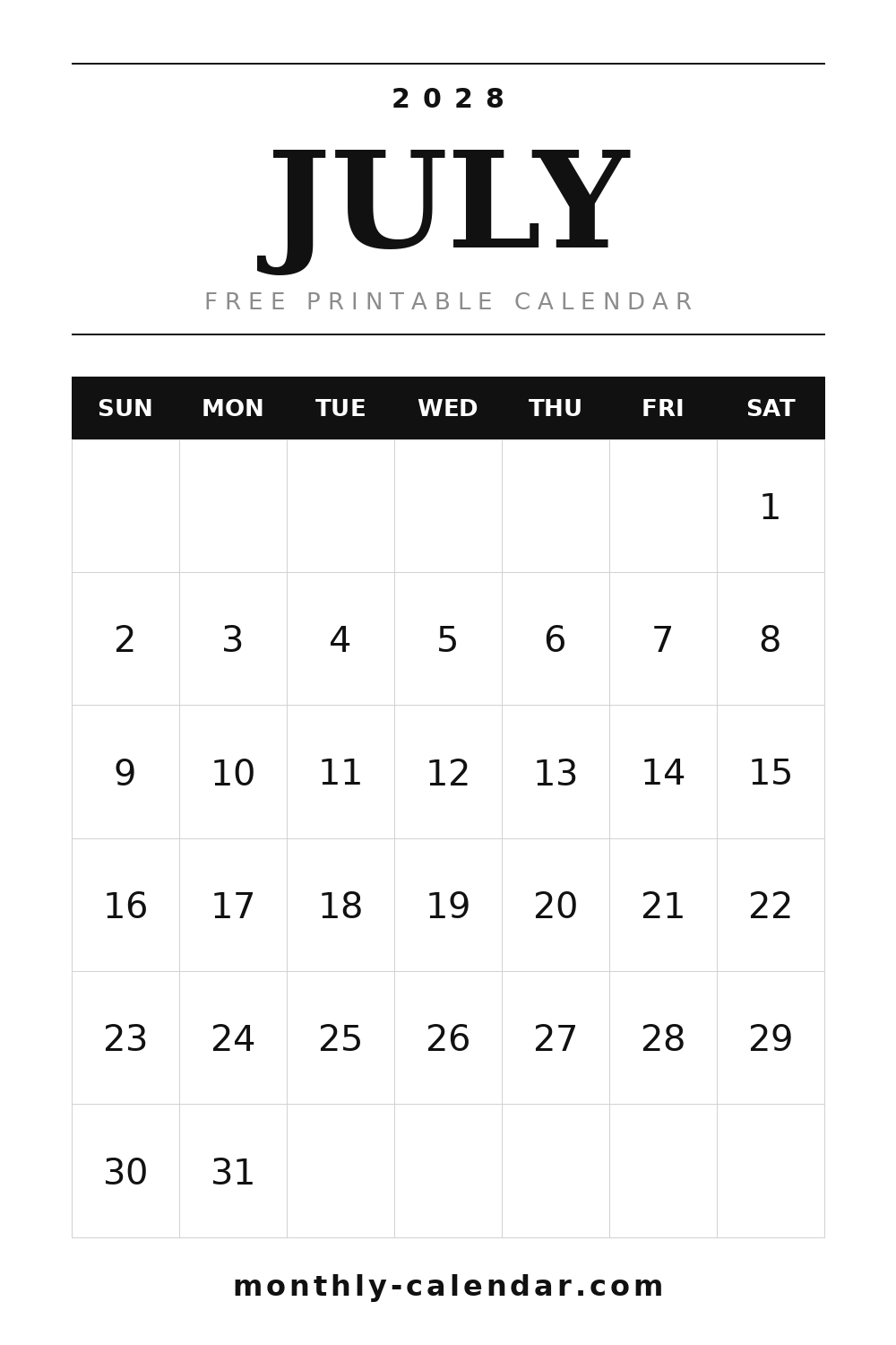 July 2028 printable calendar, portrait layout with weeks starting on Sunday