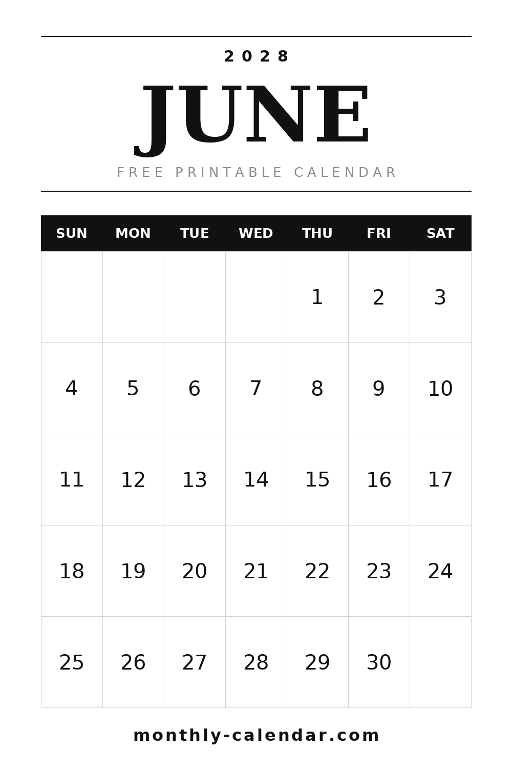 June 2028 printable calendar, portrait layout with weeks starting on Sunday