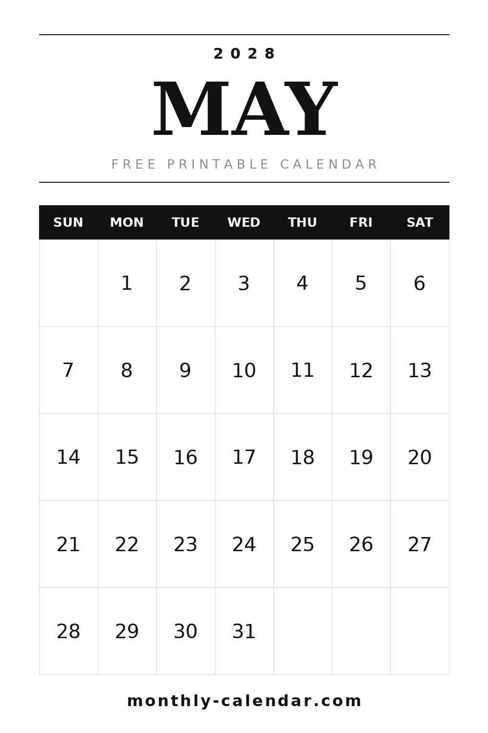 May 2028 printable calendar, portrait layout with weeks starting on Sunday