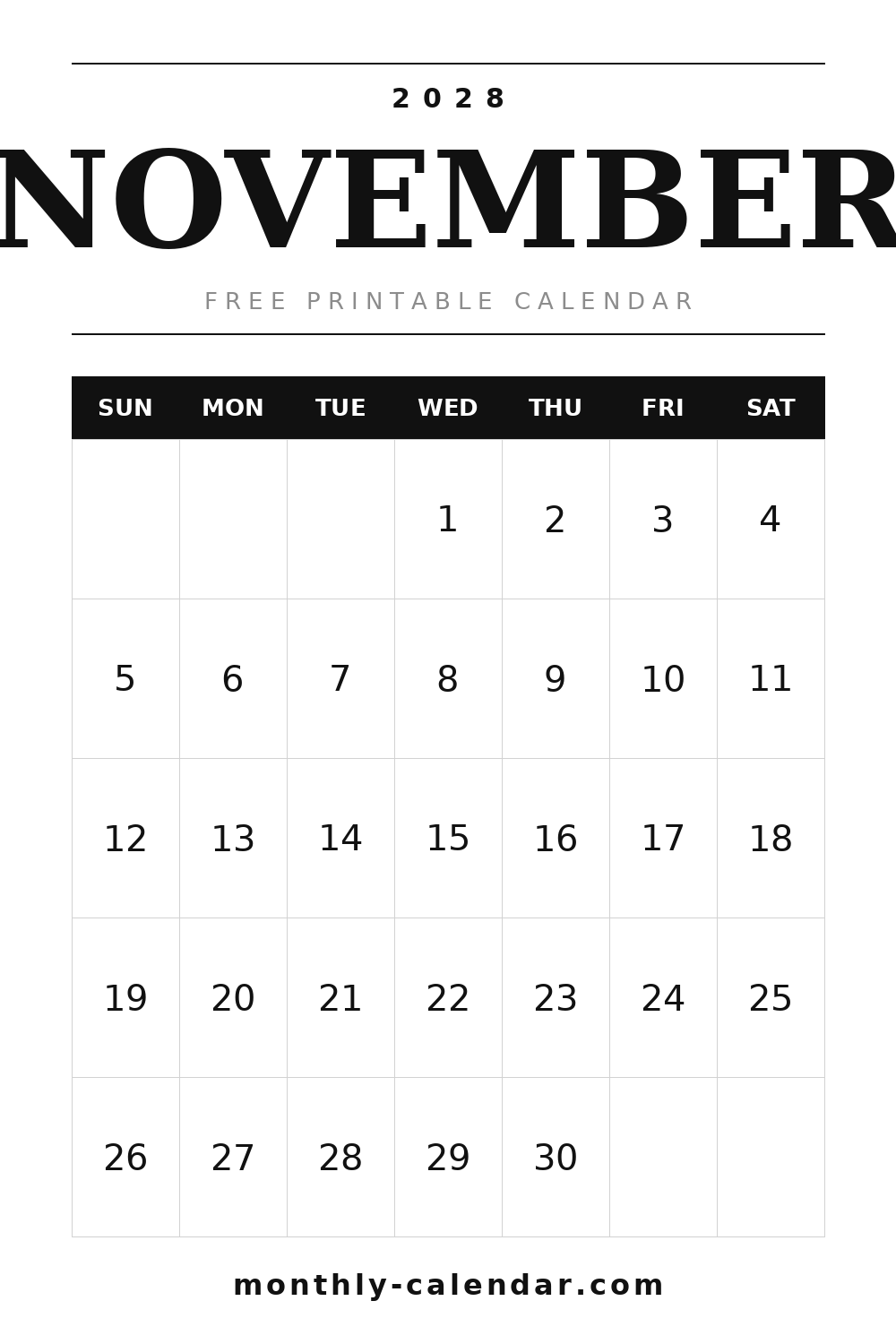 November 2028 printable calendar, portrait layout with weeks starting on Sunday