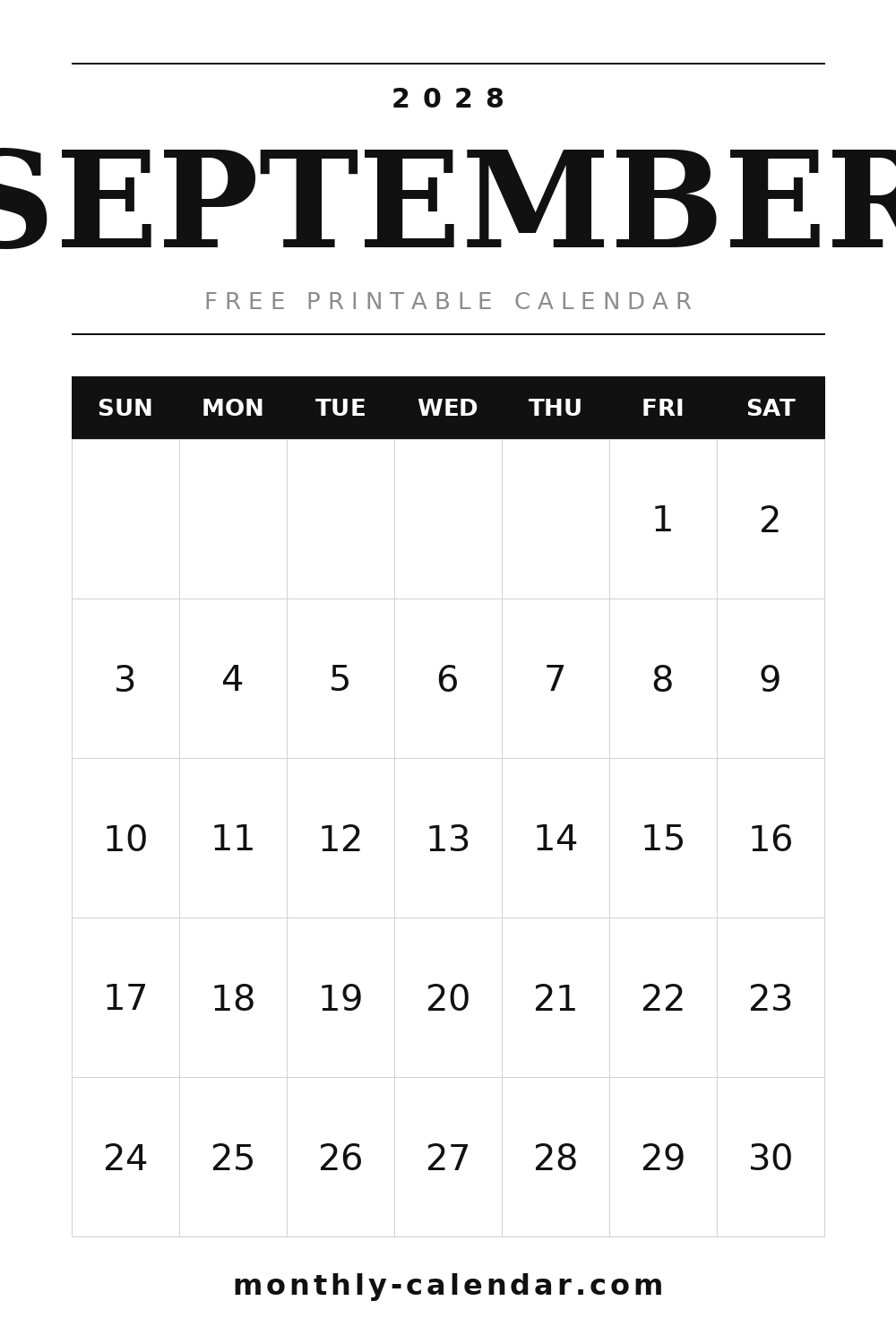 September 2028 printable calendar, portrait layout with weeks starting on Sunday