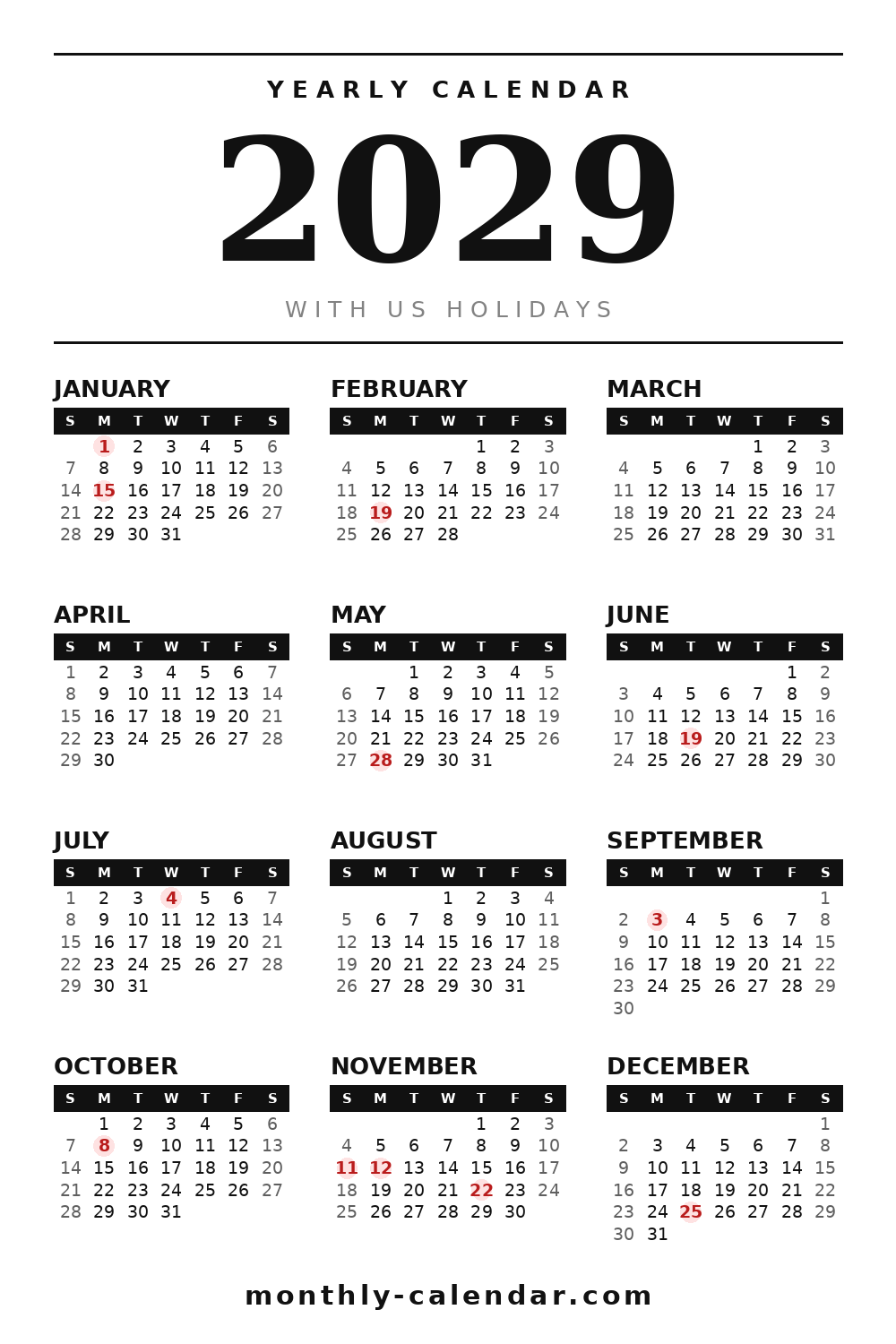 Printable 2029 calendar with all 12 months and US federal holidays in red