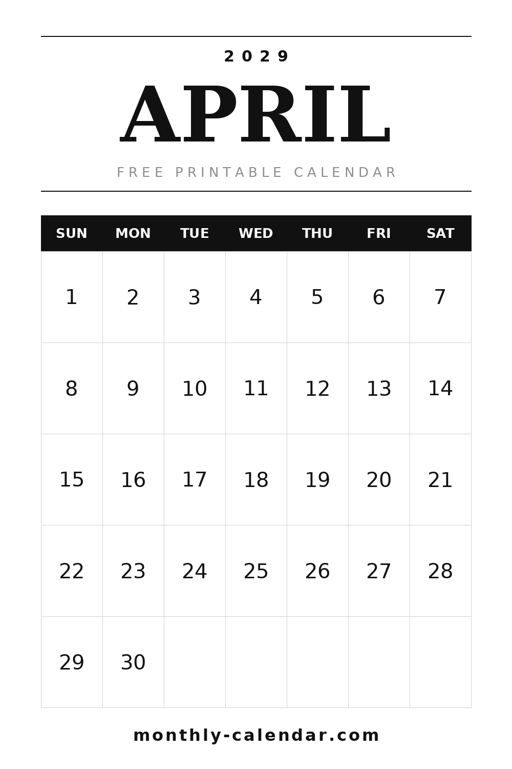 April 2029 printable calendar, portrait layout with weeks starting on Sunday