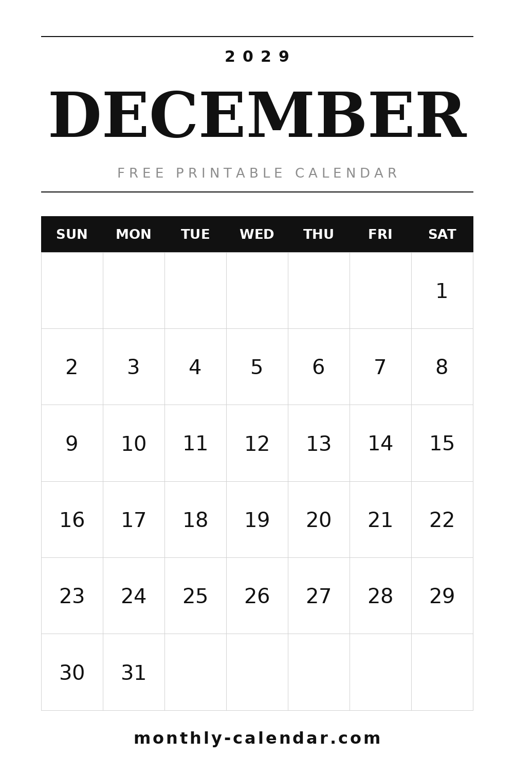 December 2029 printable calendar with US federal holidays