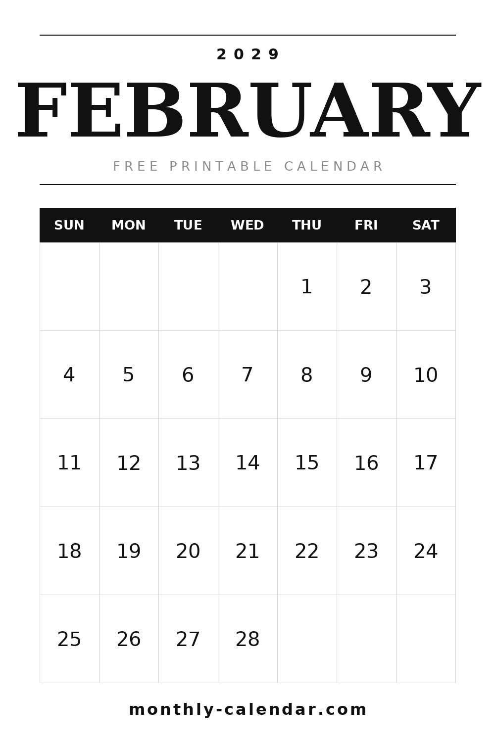 February 2029 printable calendar, portrait layout with weeks starting on Sunday