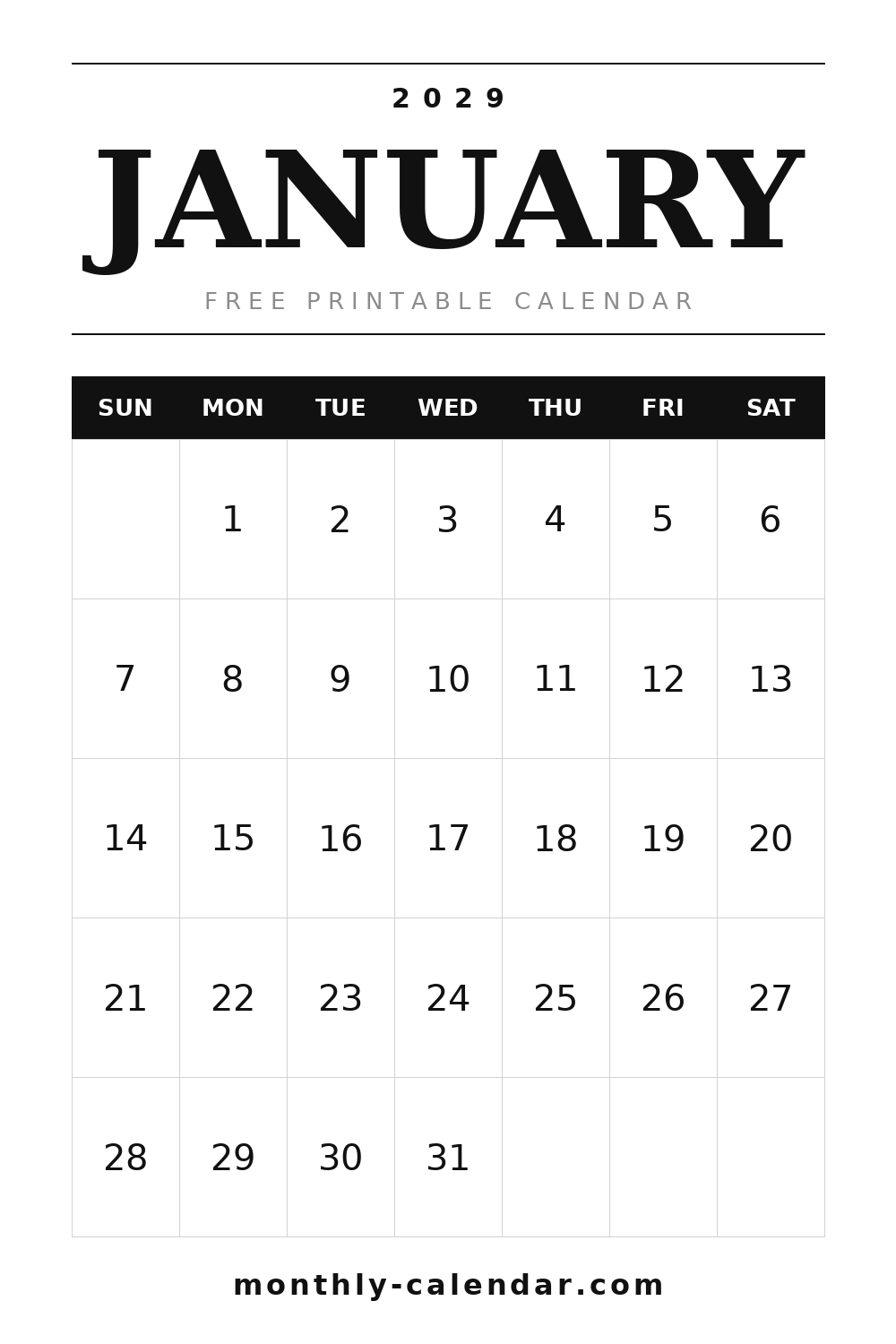 January 2029 printable calendar, portrait layout with weeks starting on Sunday