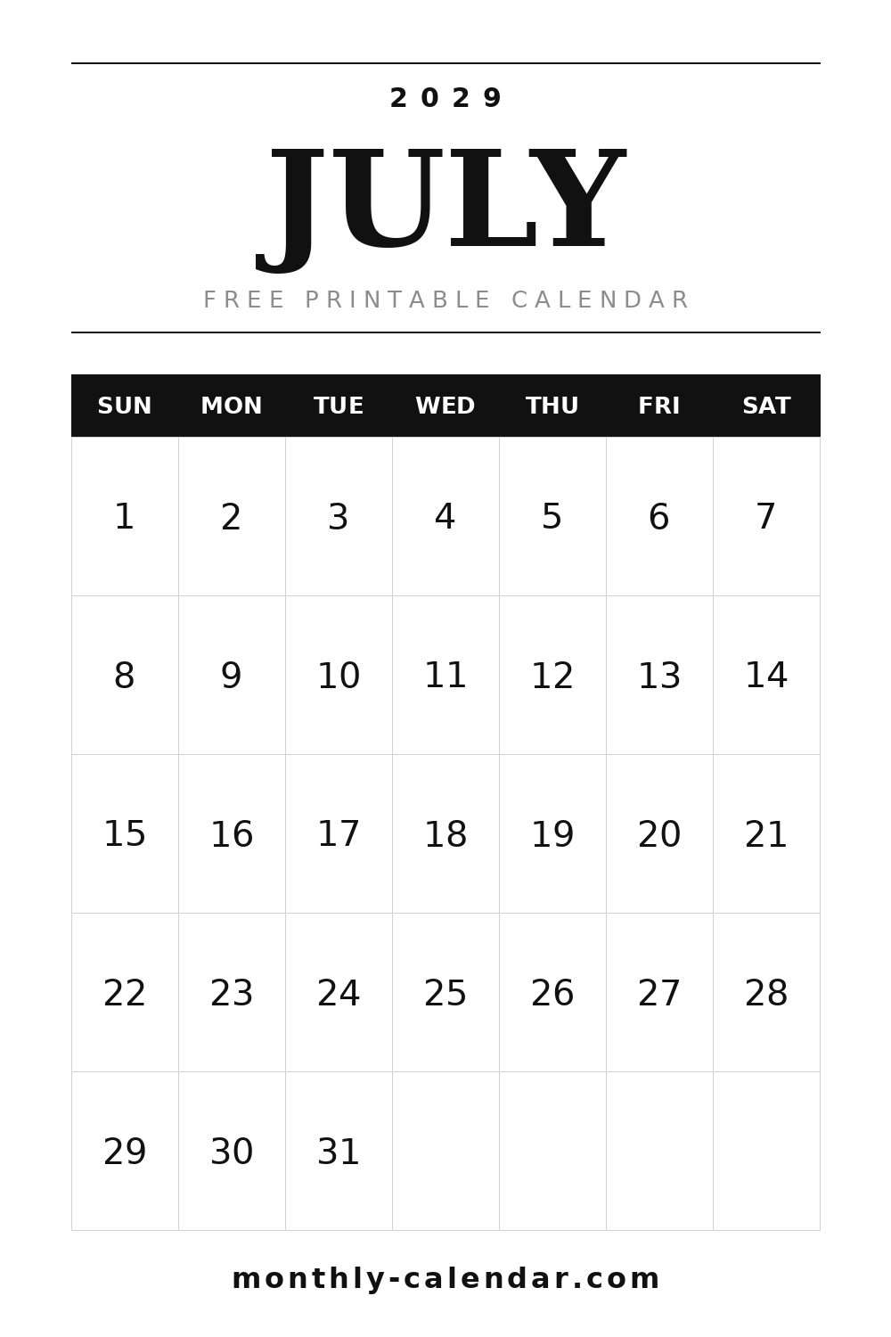 July 2029 printable calendar, portrait layout with weeks starting on Sunday