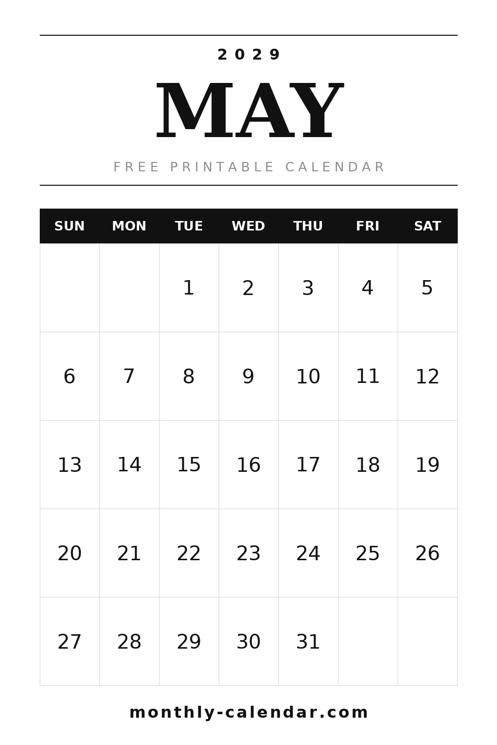 May 2029 printable calendar, portrait layout with weeks starting on Sunday