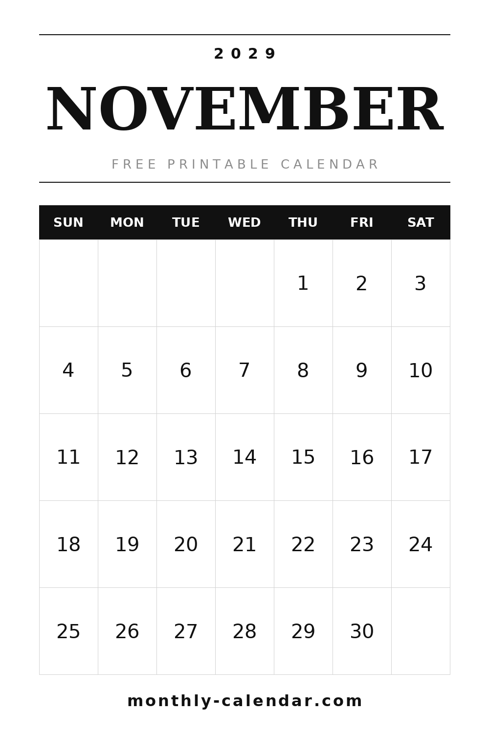 November 2029 printable calendar with US federal holidays