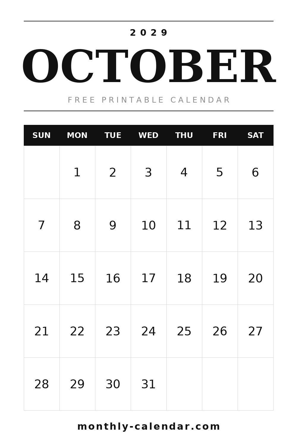 October 2029 printable calendar, portrait layout with weeks starting on Sunday