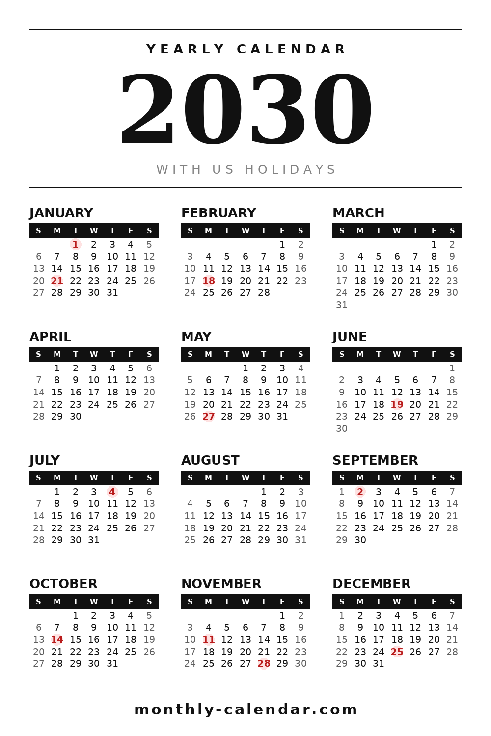 Printable 2030 calendar with all 12 months and US federal holidays in red