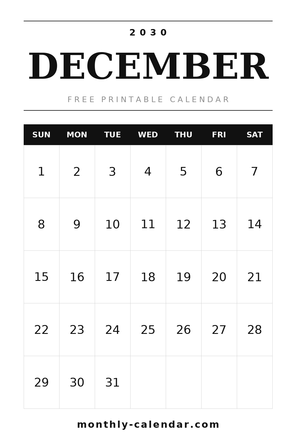 December 2030 printable calendar with US federal holidays