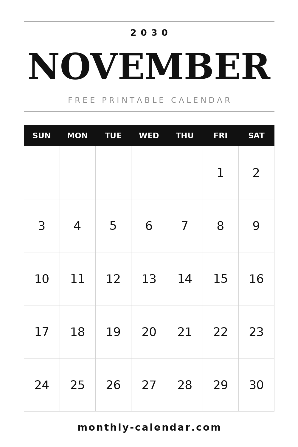 November 2030 printable calendar with US federal holidays