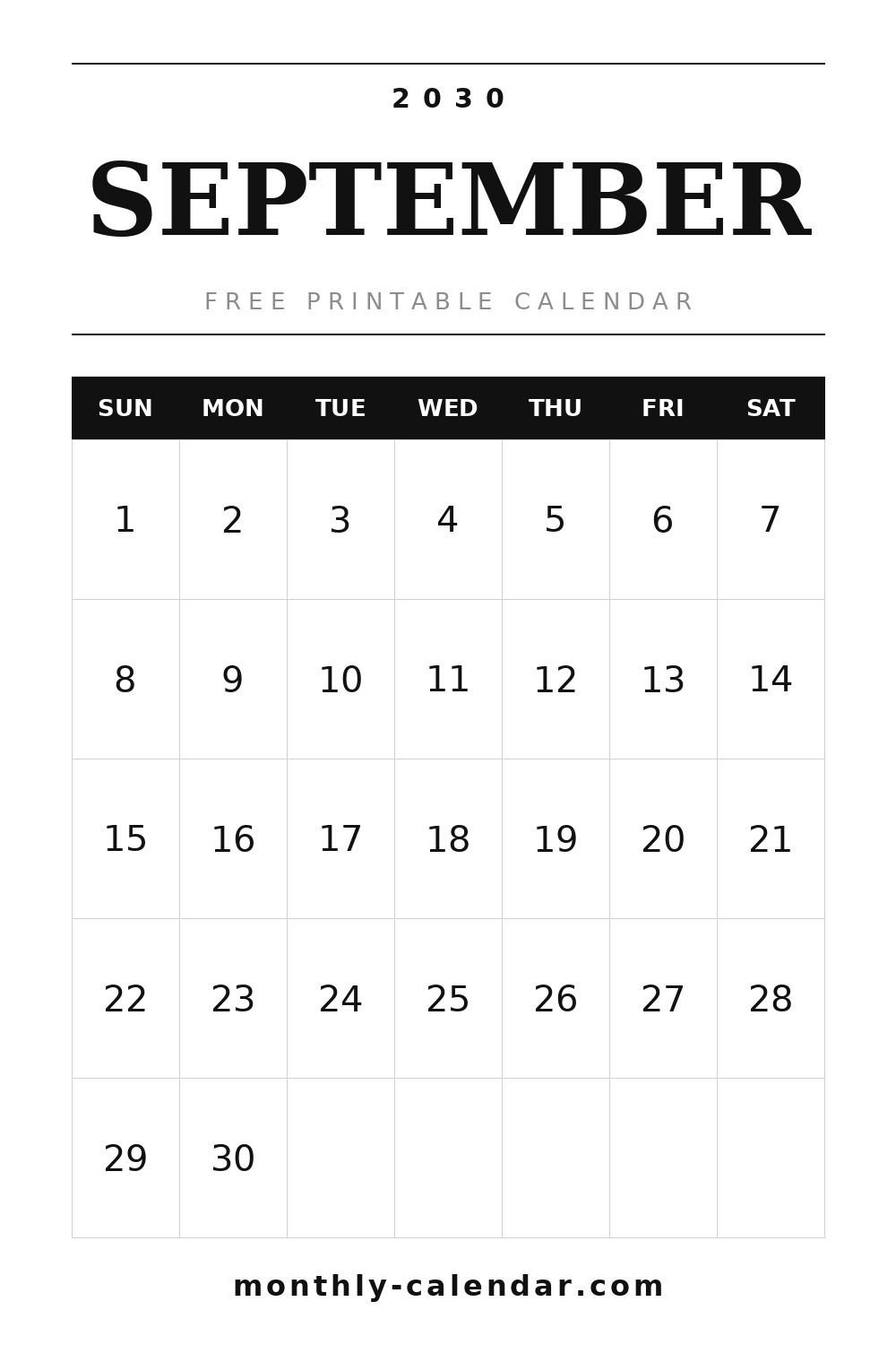 September 2030 printable calendar with US federal holidays