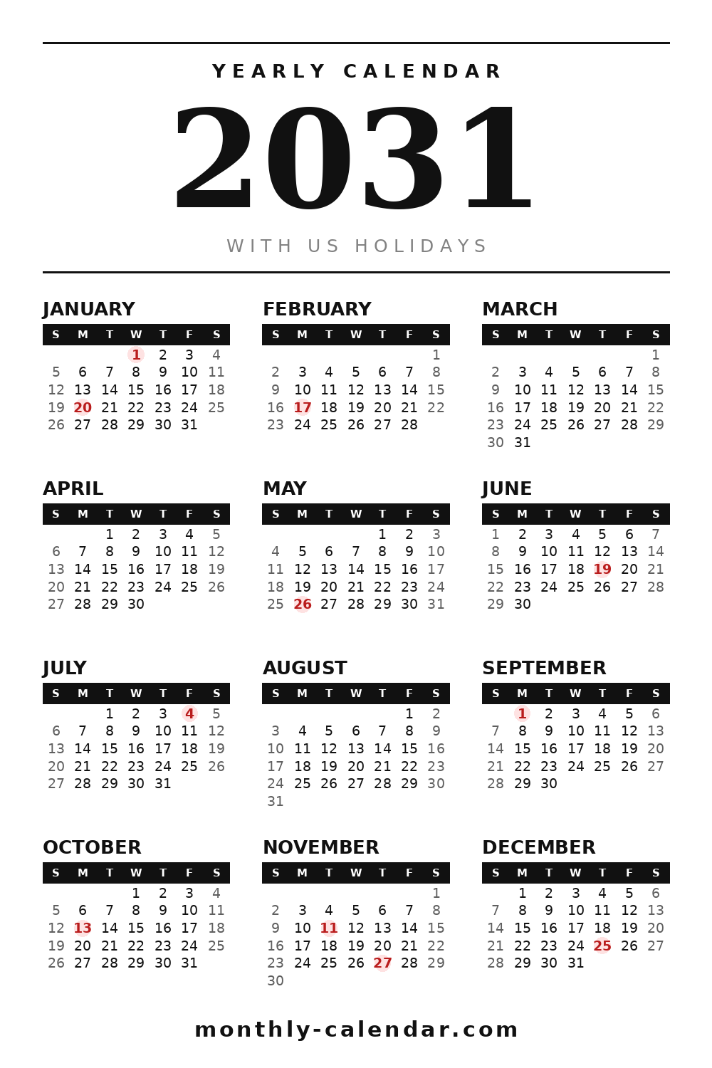 Printable 2031 calendar with all 12 months and US federal holidays in red