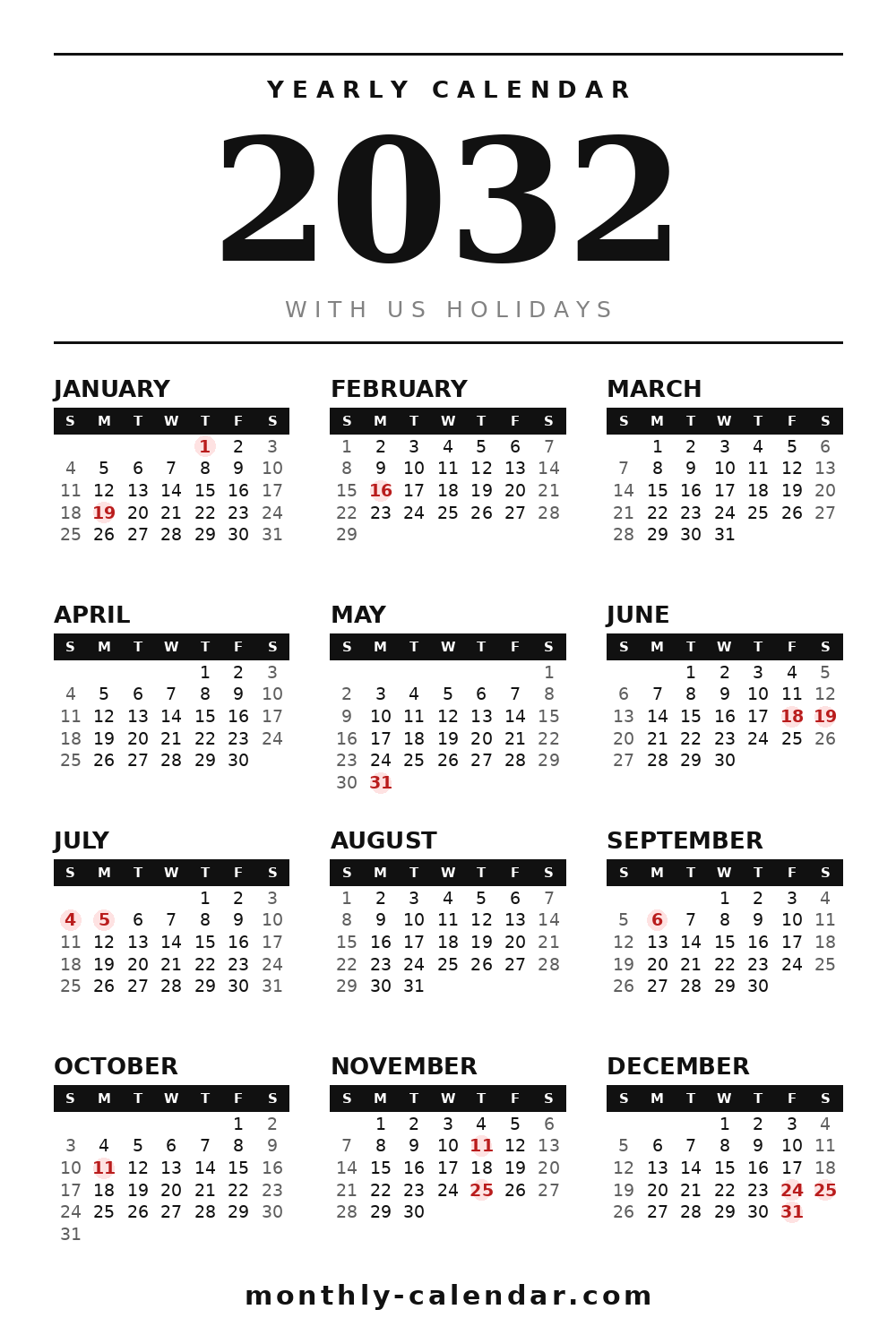 Printable 2032 calendar with all 12 months and US federal holidays in red