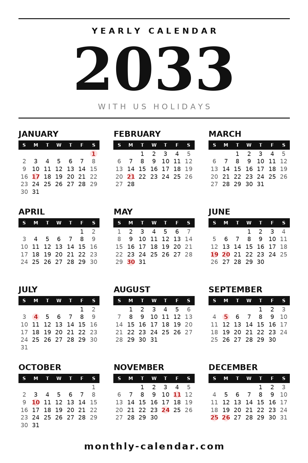 Printable 2033 calendar with all 12 months and US federal holidays in red