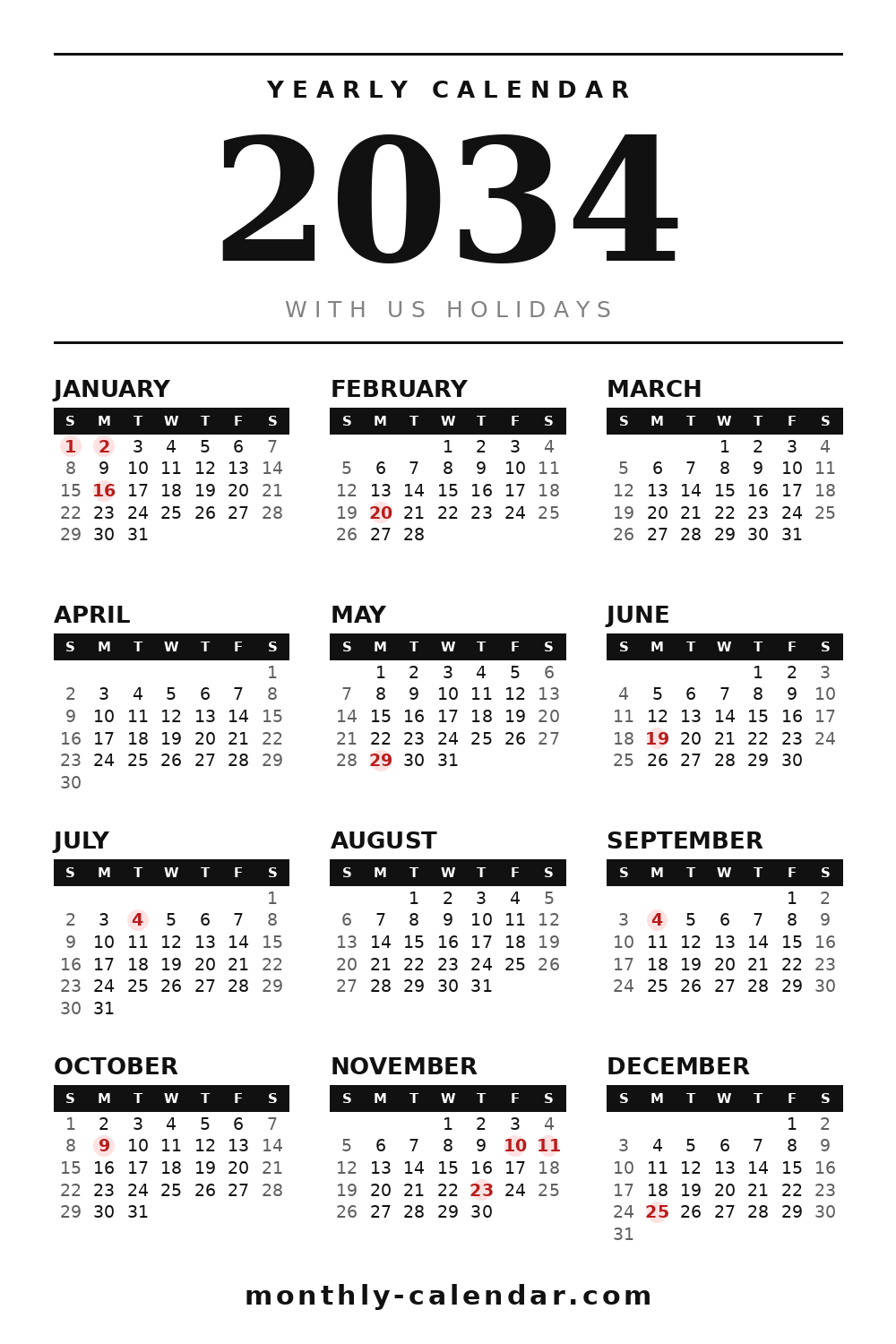Printable 2034 calendar with all 12 months and US federal holidays in red