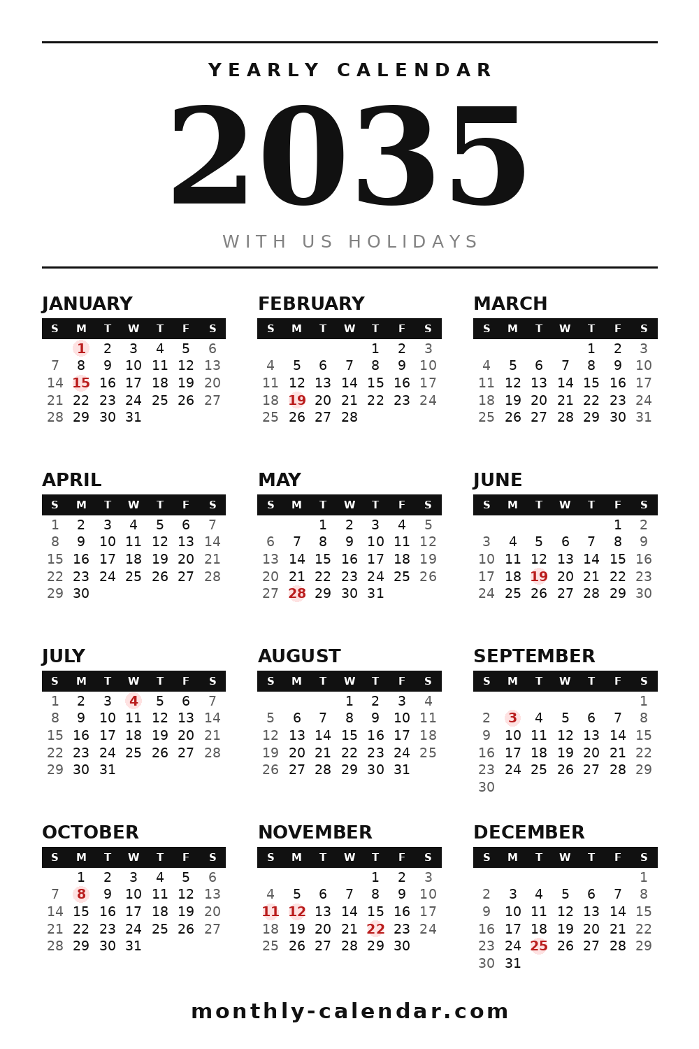 Printable 2035 calendar with all 12 months and US federal holidays in red